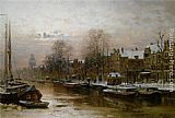 Johannes Christiaan Karel Klinkenberg Snow covered barges on the Singel Amsterdam painting